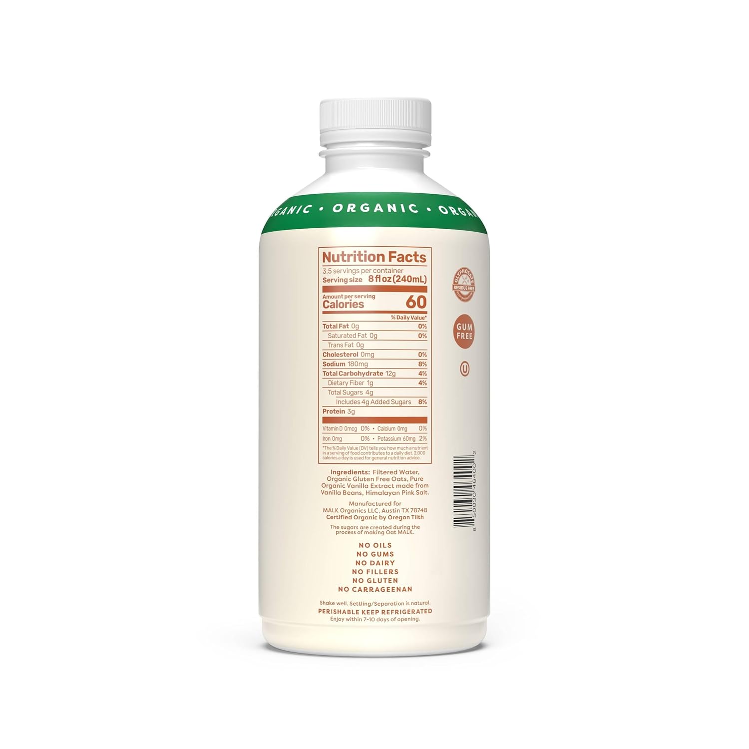 MALK Organic Vanilla Oat Milk 28 fl oz - Non GMO, Gluten Free, Dairy Free, Plant Based, Vegan 24hrsmart